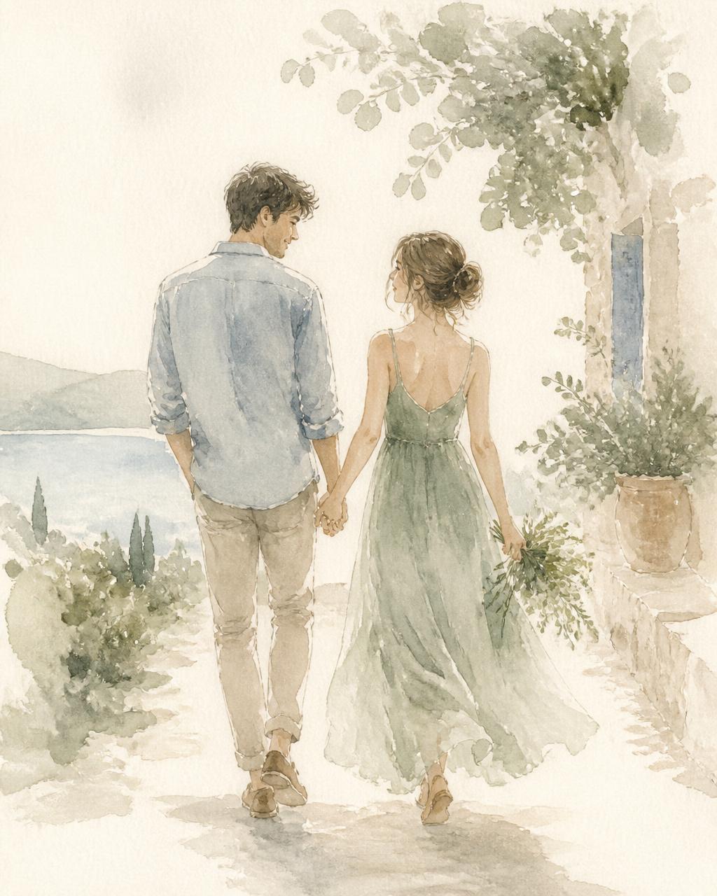 Ilustração em aquarela de um casal de mãos dadas